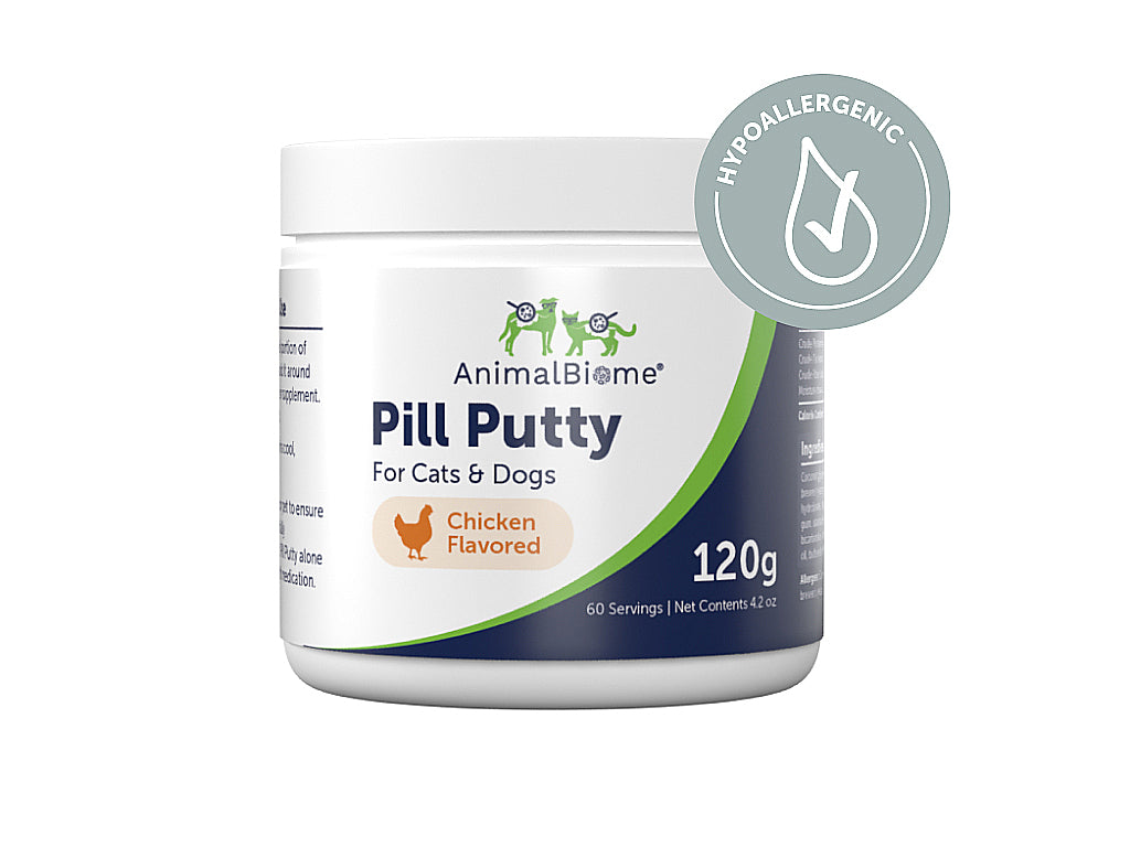 Jar of AnimalBiome Pill Putty for Cats and Dogs Chicken Flavor with Hypoallergenic Badge