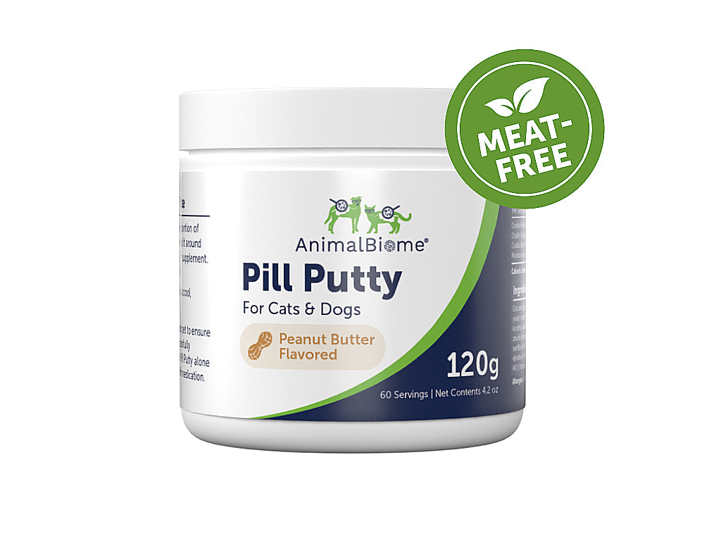 Jar of AnimalBiome Pill Putty for Cats and Dogs Peanut Butter Flavor with Meat-Free Badge