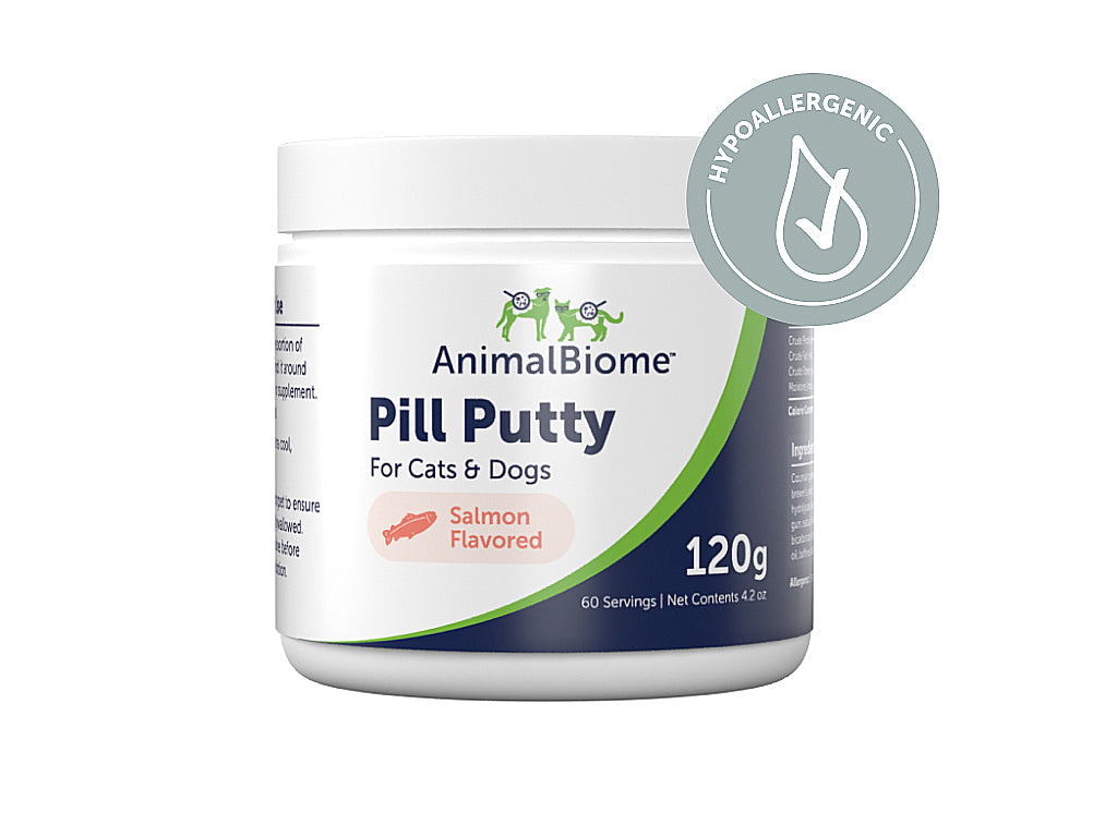 Jar of AnimalBiome Pill Putty for Cats and Dogs Salmon Flavor with Hypoallergenic Badge