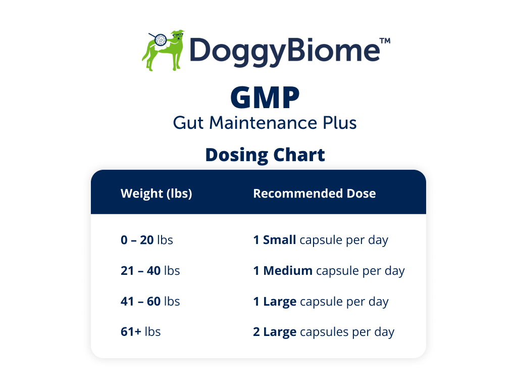 DoggyBiome GMP Dosing Chart, 0-20 lbs give 1 small capsule/day, 21-40 lbs give 1 medium capsule/day, 41-60 lbs give 1 large capsule/day, 61+ lbs give 2 large capsules/day 