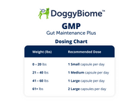 Thumbnail for DoggyBiome GMP Dosing Chart, 0-20 lbs give 1 small capsule/day, 21-40 lbs give 1 medium capsule/day, 41-60 lbs give 1 large capsule/day, 61+ lbs give 2 large capsules/day 
